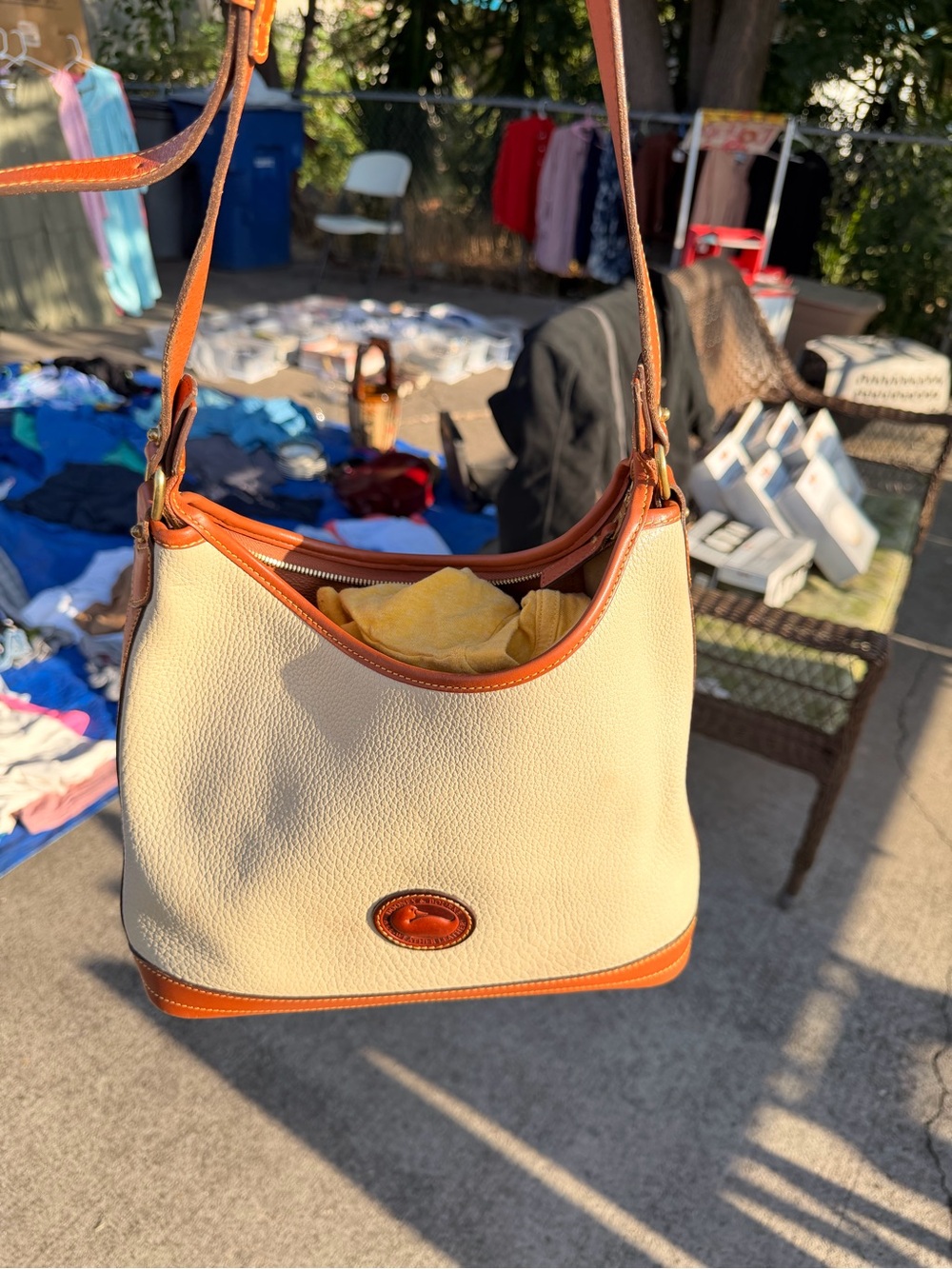 Dooney & Bourke Cream Leather Satchel with Tan Trim